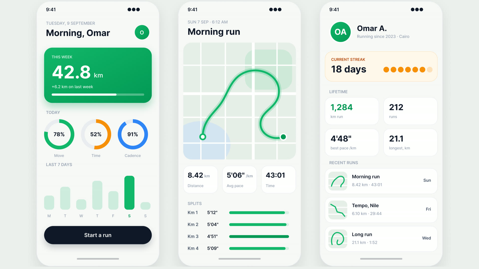 Three finished screens of a running app — a weekly distance card, activity rings, a GPS route trace and a profile with lifetime stats.
