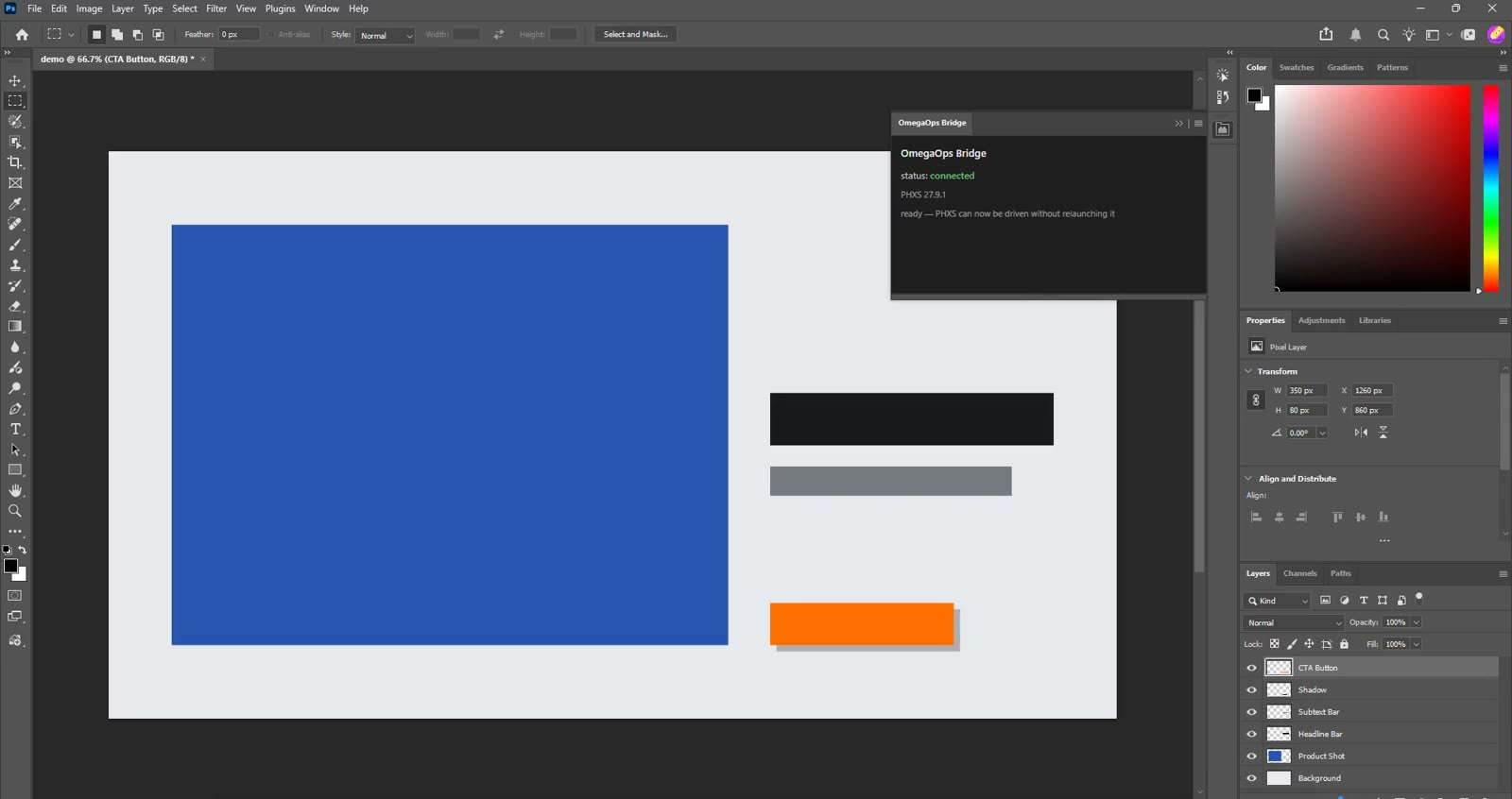 A Photoshop document open with a named, ordered layer stack built by script.